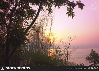 Beautiful environment of beautiful sunset on Khuean Srinagarindra National Park at Kanchanaburi , Thailand and sky for travel in holiday relax time