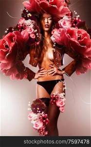 beautiful erotic sexy flower woman in jacket and flowers