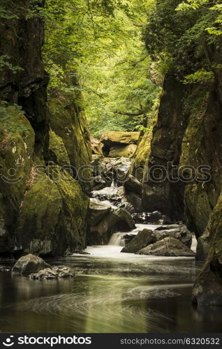 Beautiful ethereal landscape of deep sided gorge with rock walls and stream flowing through lush greenery