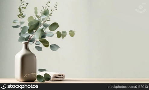 Beautiful eucalyptus flower in ceramic vase on table with white background. Copy space.