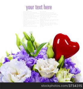 Beautiful eustoma flowers bouquet over white (with easy removable sample text)