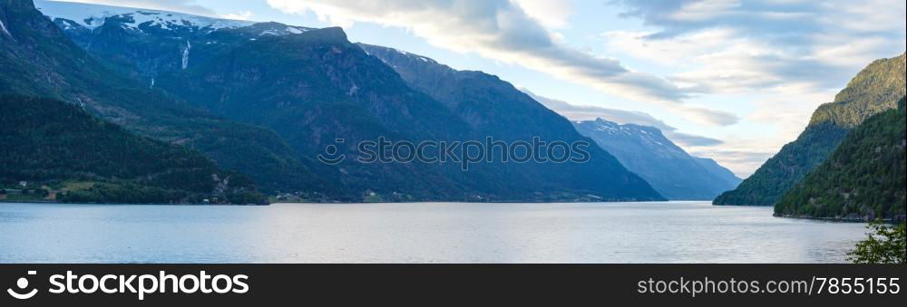 Beautiful evening Hardangerfjord panorama (Odda, Norway).