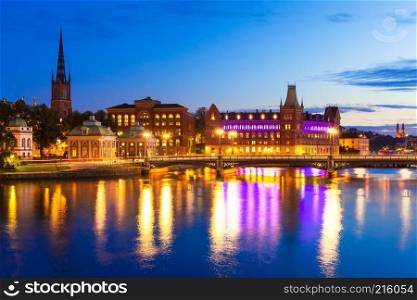 Beautiful evening scenic panorama of the Old Town  Gamla Stan  pier architecture in Stockholm, Sweden