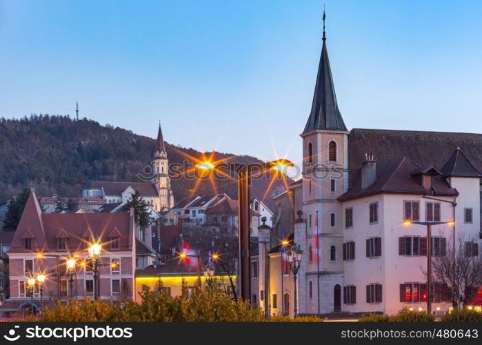 Beautiful evening view of Old Town with Basilica of the Visitation on the background, Annecy, Venice of the Alps, France. Old Town of Annecy, France