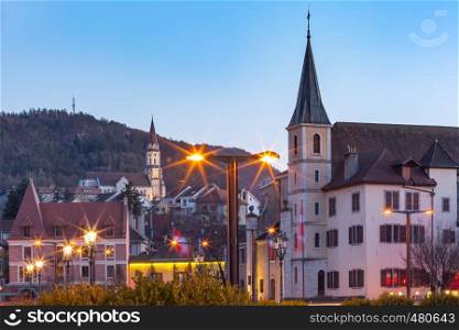 Beautiful evening view of Old Town with Basilica of the Visitation on the background, Annecy, Venice of the Alps, France. Old Town of Annecy, France