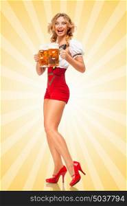 Beautiful excited sexy woman wearing red jumper shorts with suspenders as traditional dirndl, serving two beer mugs with smile on colorful abstract cartoon style background.
