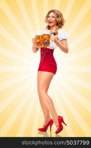 Beautiful excited sexy woman wearing red jumper shorts with suspenders as traditional dirndl, serving two beer mugs with smile on colorful abstract cartoon style background.