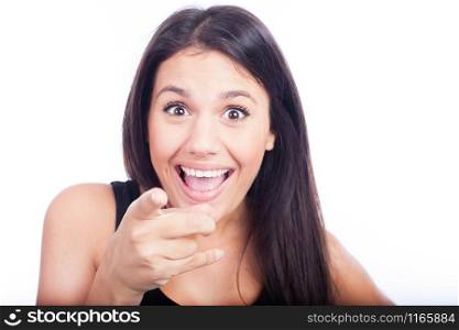 Beautiful excited woman pointing