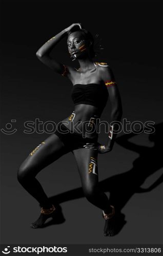 Beautiful exotic African female fashion with tribal yellow red and white cultural makeup cosmetics and sticks in hair, in dance position.