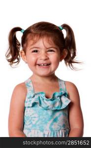Beautiful expressive adorable happy cute laughing smiling young toddler girl with ponytails showing teeth, isolated.
