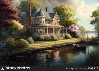 Beautiful fabulous house in a blooming fantasy garden. Neural network AI generated. Beautiful fabulous house in a blooming fantasy garden. Neural network AI generated art