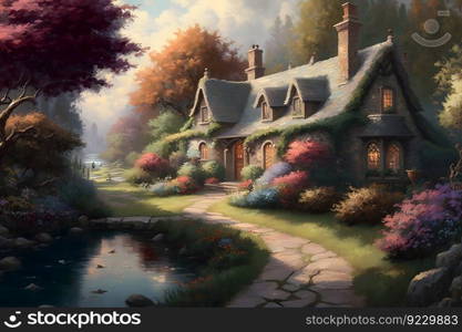 Beautiful fabulous house in a blooming fantasy garden. Neural network AI generated. Beautiful fabulous house in a blooming fantasy garden. Neural network AI generated art