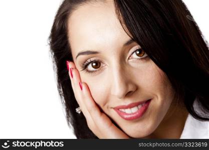 Beautiful face of a happy Caucasian Hispanic corporate business woman with hand on cheek, isolated.