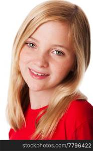 Beautiful face of a happy smiling teenager child girl with green eyes and blond hair, isolated.
