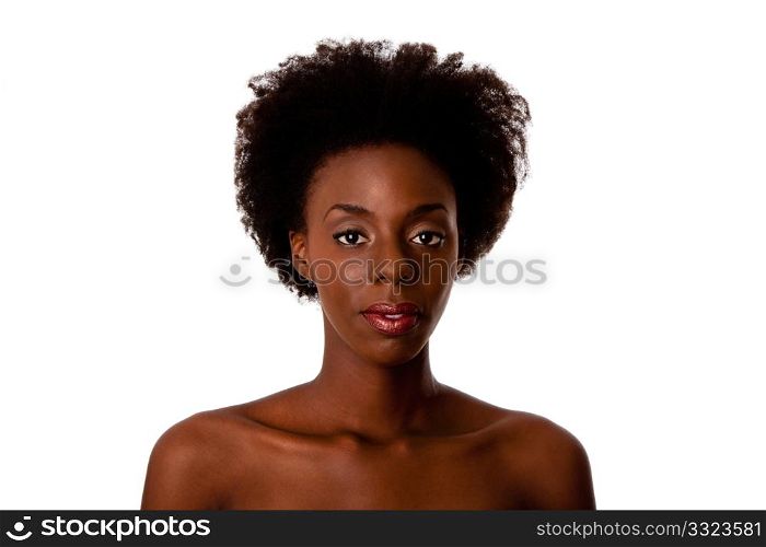 Beautiful face of an African American woman with Afro curly hair, bare shoulders and smooth brown skin, isolated.