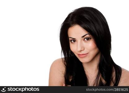 Beautiful face of happy smiling attractive young woman with great skin and black hair, skincare concept, isolated.