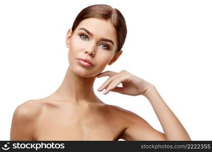 Beautiful Face of Young Woman with Clean Fresh Skin close up isolated on white. Beauty Portrait. Beautiful Spa Woman Smiling. Perfect Fresh Skin. Pure Beauty Model. Youth and Skin Care Concept. Beautiful Woman with Clean Fresh Skin 