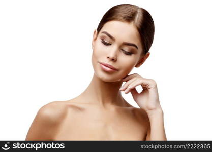 Beautiful Face of Young Woman with Clean Fresh Skin close up isolated on white. Beauty Portrait. Beautiful Spa Woman Smiling. Perfect Fresh Skin. Pure Beauty Model. Youth and Skin Care Concept. Beautiful Woman with Clean Fresh Skin 