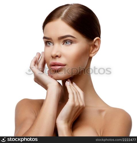 Beautiful Face of Young Woman with Clean Fresh Skin close up isolated on white. Beauty Portrait. Beautiful Spa Woman Smiling. Perfect Fresh Skin. Pure Beauty Model. Youth and Skin Care Concept. Beautiful Woman with Clean Fresh Skin 