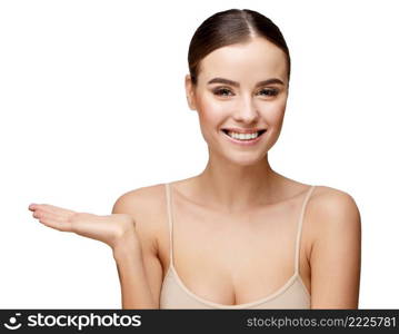 Beautiful Face of Young Woman with Clean Fresh Skin close up isolated on white. Beauty Portrait. Beautiful Spa Woman. Perfect Fresh Skin. Pure Beauty Model. Youth and Skin Care Concept. Beautiful Young Woman with Clean Fresh Skin