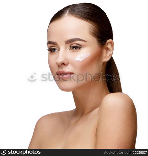 Beautiful Face of Young Woman with Clean Fresh Skin close up isolated on white. Beauty Portrait. Beautiful Spa Woman. Perfect Fresh Skin. Pure Beauty Model. Youth and Skin Care Concept. Beautiful Young Woman with Clean Fresh Skin