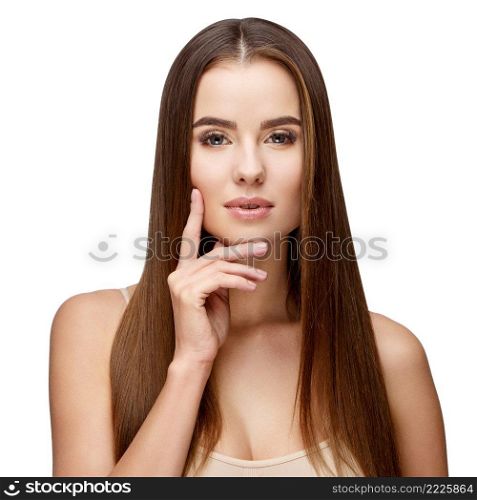 Beautiful Face of Young Woman with Clean Fresh Skin close up isolated on white. Beauty Portrait. Beautiful Spa Woman. Perfect Fresh Skin. Pure Beauty Model. Youth and Skin Care Concept. Beautiful Young Woman with Clean Fresh Skin