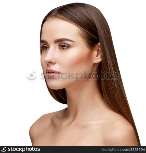 Beautiful Face of Young Woman with Clean Fresh Skin close up isolated on white. Beauty Portrait. Beautiful Spa Woman. Perfect Fresh Skin. Pure Beauty Model. Youth and Skin Care Concept. Beautiful Young Woman with Clean Fresh Skin
