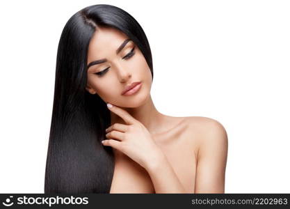 Beautiful Face of Young Woman with Clean healthy hair close up isolated on white. Beauty Portrait. Beautiful Spa Woman. Perfect Fresh Skin. Pure Beauty Model. Youth and Skin Care Concept. Beautiful Young Woman with Clean healthy hair