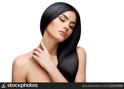 Beautiful Face of Young Woman with Clean healthy hair close up isolated on white. Beauty Portrait. Beautiful Spa Woman. Perfect Fresh Skin. Pure Beauty Model. Youth and Skin Care Concept. Beautiful Young Woman with Clean healthy hair