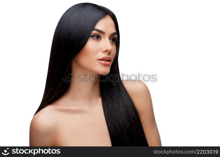 Beautiful Face of Young Woman with Clean healthy hair close up isolated on white. Beauty Portrait. Beautiful Spa Woman. Perfect Fresh Skin. Pure Beauty Model. Youth and Skin Care Concept. Beautiful Young Woman with Clean healthy hair