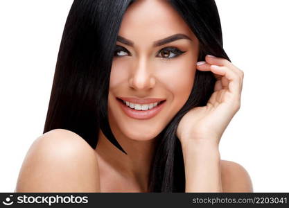 Beautiful Face of Young Woman with Clean healthy hair close up isolated on white. Beauty Portrait. Beautiful Spa Woman. Perfect Fresh Skin. Pure Beauty Model. Youth and Skin Care Concept. Beautiful Young Woman with Clean healthy hair