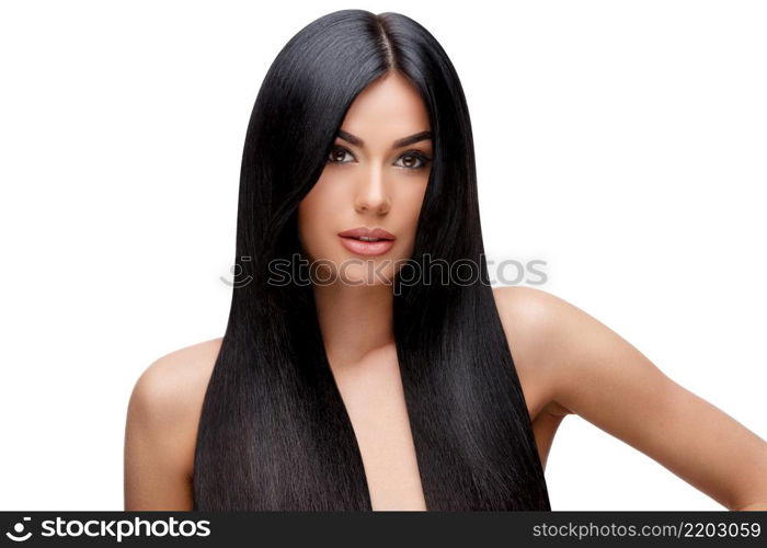 Beautiful Face of Young Woman with Clean healthy hair close up isolated on white. Beauty Portrait. Beautiful Spa Woman. Perfect Fresh Skin. Pure Beauty Model. Youth and Skin Care Concept. Beautiful Young Woman with Clean healthy hair