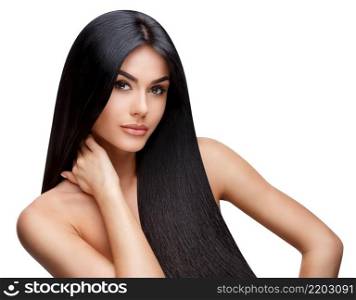 Beautiful Face of Young Woman with Clean healthy hair close up isolated on white. Beauty Portrait. Beautiful Spa Woman. Perfect Fresh Skin. Pure Beauty Model. Youth and Skin Care Concept. Beautiful Young Woman with Clean healthy hair