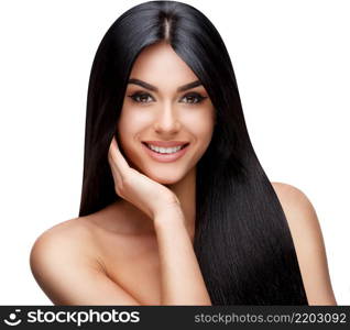 Beautiful Face of Young Woman with Clean healthy hair close up isolated on white. Beauty Portrait. Beautiful Spa Woman. Perfect Fresh Skin. Pure Beauty Model. Youth and Skin Care Concept. Beautiful Young Woman with Clean healthy hair