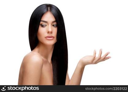 Beautiful Face of Young Woman with Clean healthy hair close up isolated on white. Beauty Portrait. Beautiful Spa Woman. Perfect Fresh Skin. Pure Beauty Model. Youth and Skin Care Concept. Beautiful Young Woman with Clean healthy hair