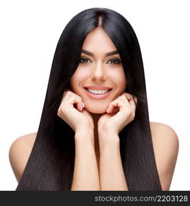 Beautiful Face of Young Woman with Clean healthy hair close up isolated on white. Beauty Portrait. Beautiful Spa Woman. Perfect Fresh Skin. Pure Beauty Model. Youth and Skin Care Concept. Beautiful Young Woman with Clean healthy hair