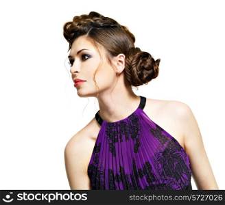Beautiful face of young woman with stylish hairstyle with pigtails design isolated on white