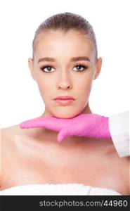 Beautiful face ready for Cosmetic skincare spa beauty treatment with pink glove, on white.