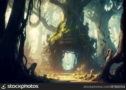 Beautiful fairytale enchanted forest with big trees and great vegetation. Digital painting background.Ai generated