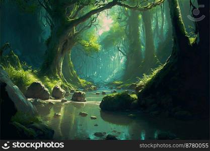 Beautiful fairytale enchanted forest with big trees and great vegetation. Digital painting background.Ai generated