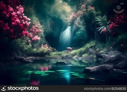 Beautiful fairytale landscape with a waterfall. Neural network AI generated art. Beautiful fairytale landscape with a waterfall. Neural network AI generated