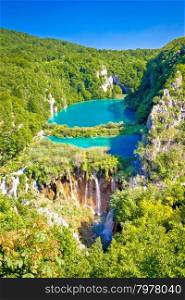 Beautiful falling lakes of Plitvice national park vertical view, Croatia