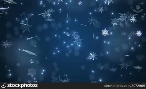 Beautiful falling snowflakes - blue winter background. Seamless loop.