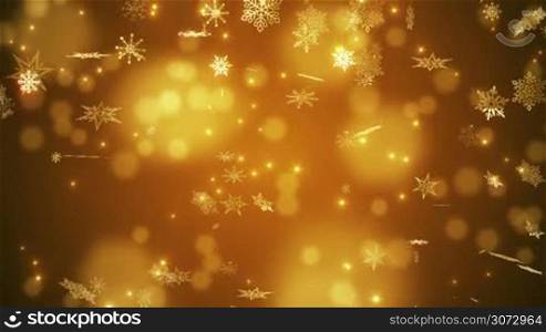 Beautiful falling snowflakes - gold winter background. Seamless loop.