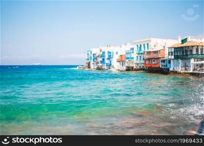 Beautiful famous landmark Little Venice in Mykonos Island on Greece, Cyclades. Beautiful Little Venice in Mykonos Island on Greece, Cyclades