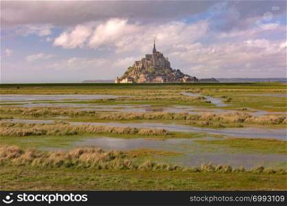 Beautiful famous Mont Saint Michel and the water meadows, Normandy, France. Mont Saint Michel, Normandy, France