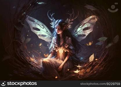 Beautiful fantasy elf woman butterfly queen. Neural network AI generated art. Beautiful fantasy elf woman butterfly queen. Neural network AI generated