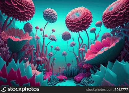 beautiful fantasy flower garden with cyan pink floral nature color scheme in 3d art style created by generative AI