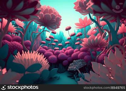 beautiful fantasy flower garden with cyan pink floral nature color scheme in 3d art style created by generative AI