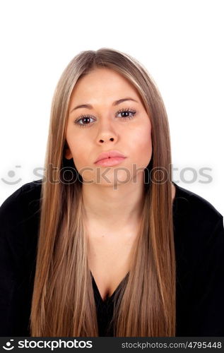 Beautiful fashion girl with straight long blonde hair isolated on a white background